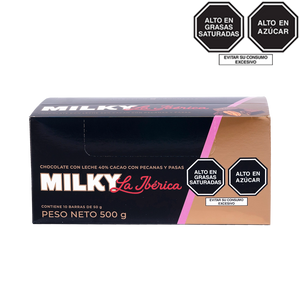 Barra Milky La Ibérica con pecanas y pasas x 50 g x 10 pzs