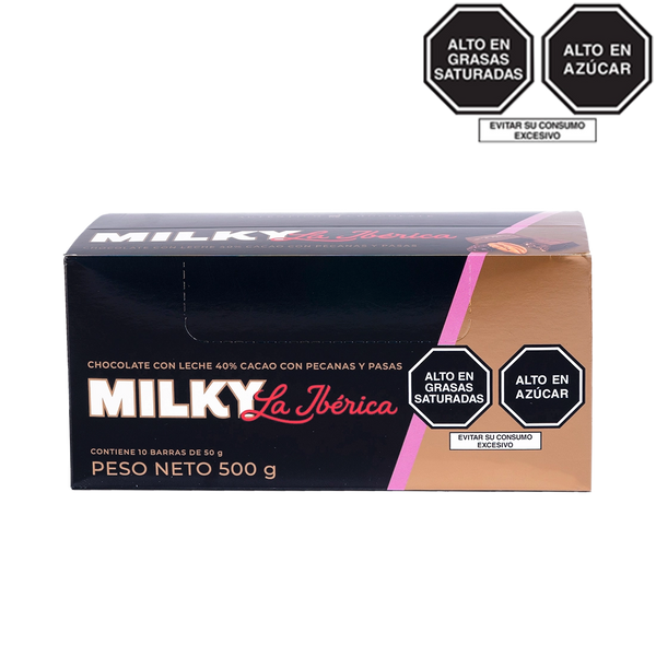 Barra Milky La Ibérica con pecanas y pasas x 50 g x 10 pzs