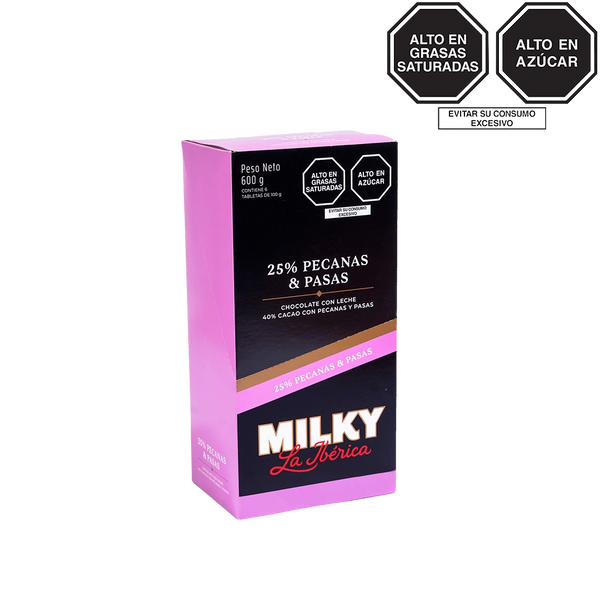 Tableta Milky La Ibérica pecanas y pasas x 100 g x 6 pzs